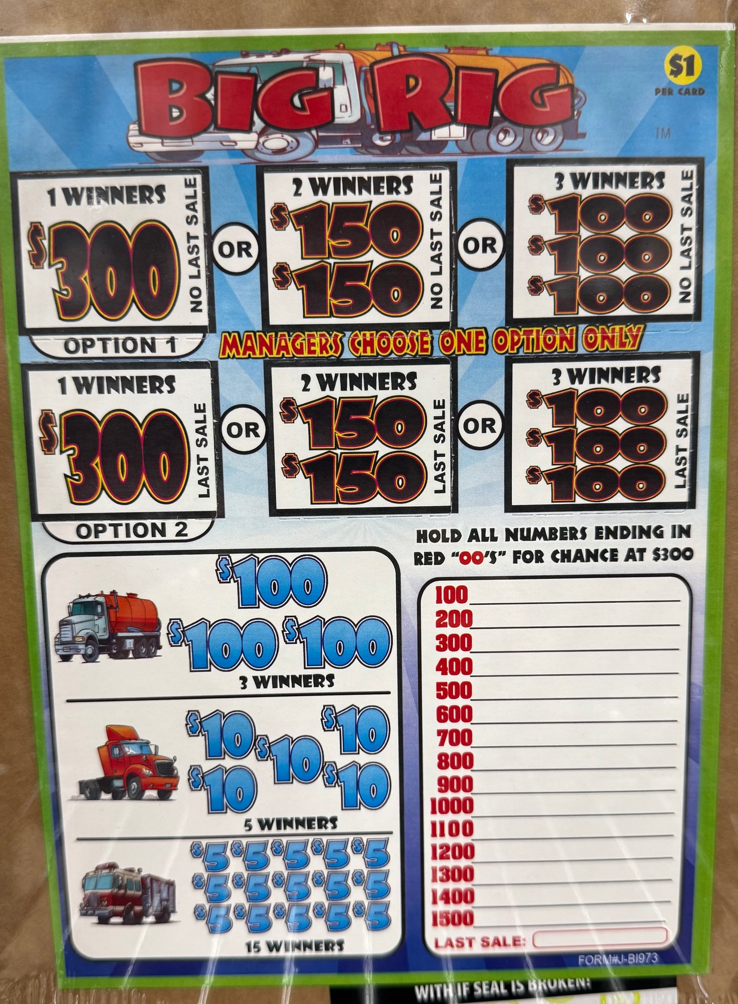 BIG RIG PULL TAB 973 TICKETS