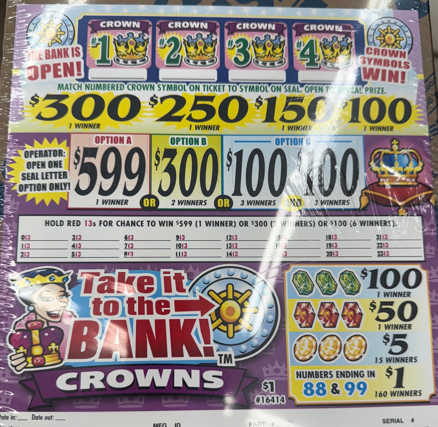 TAKE IT TO THE BANK CROWNS $1 PULL TAB 2370 TICKETS