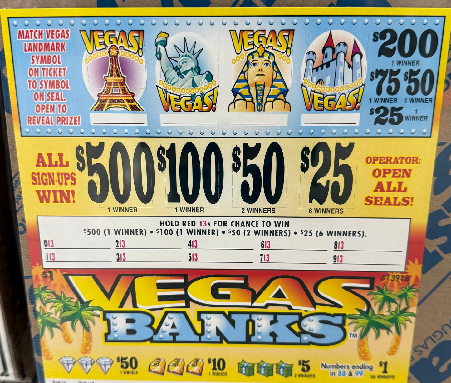 VEGAS BANKS PULL TAB 1880 TICKETS