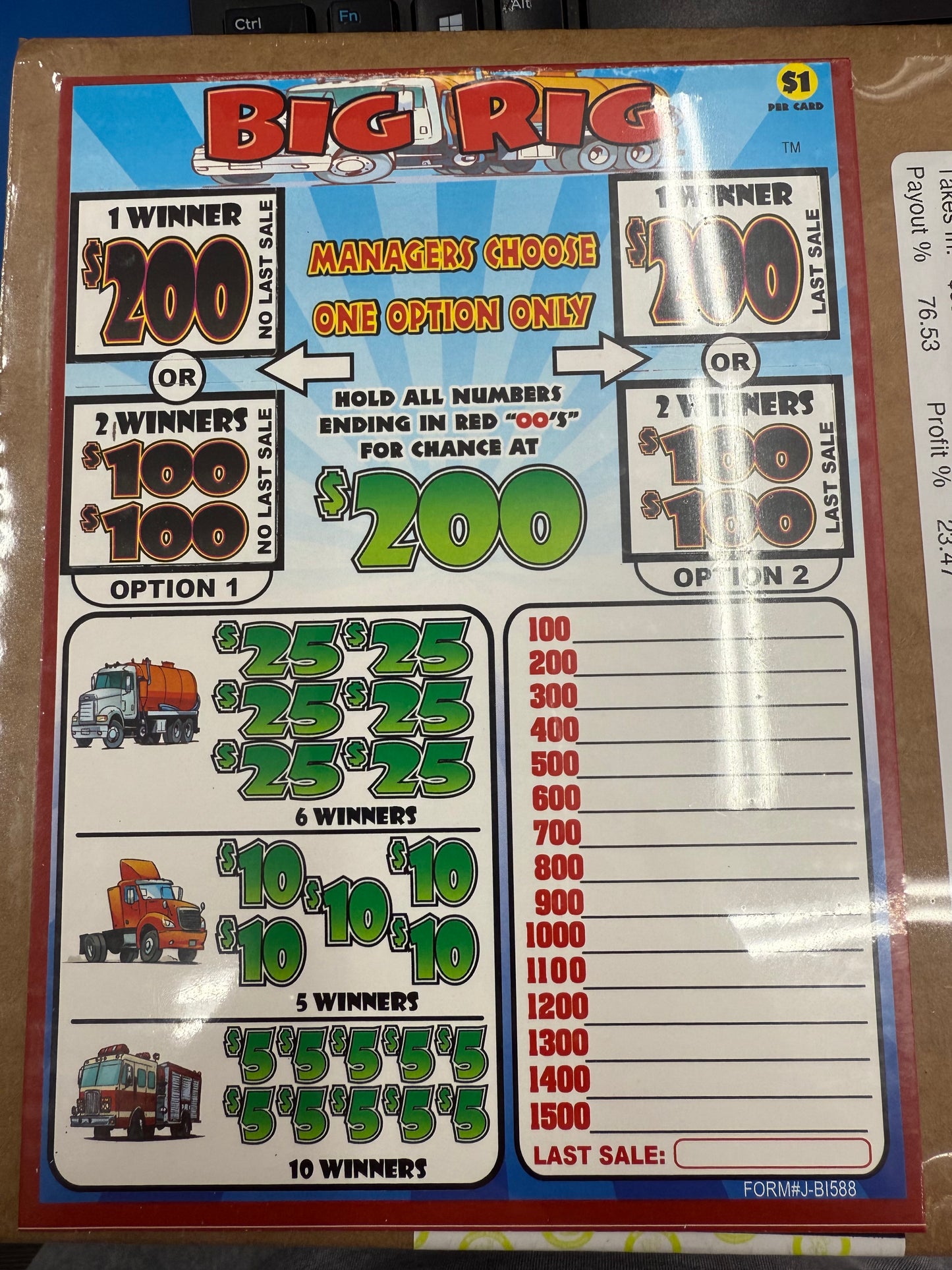 BIG RIG PULL TAB 588 TICKETS