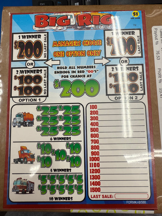 BIG RIG PULL TAB 588 TICKETS