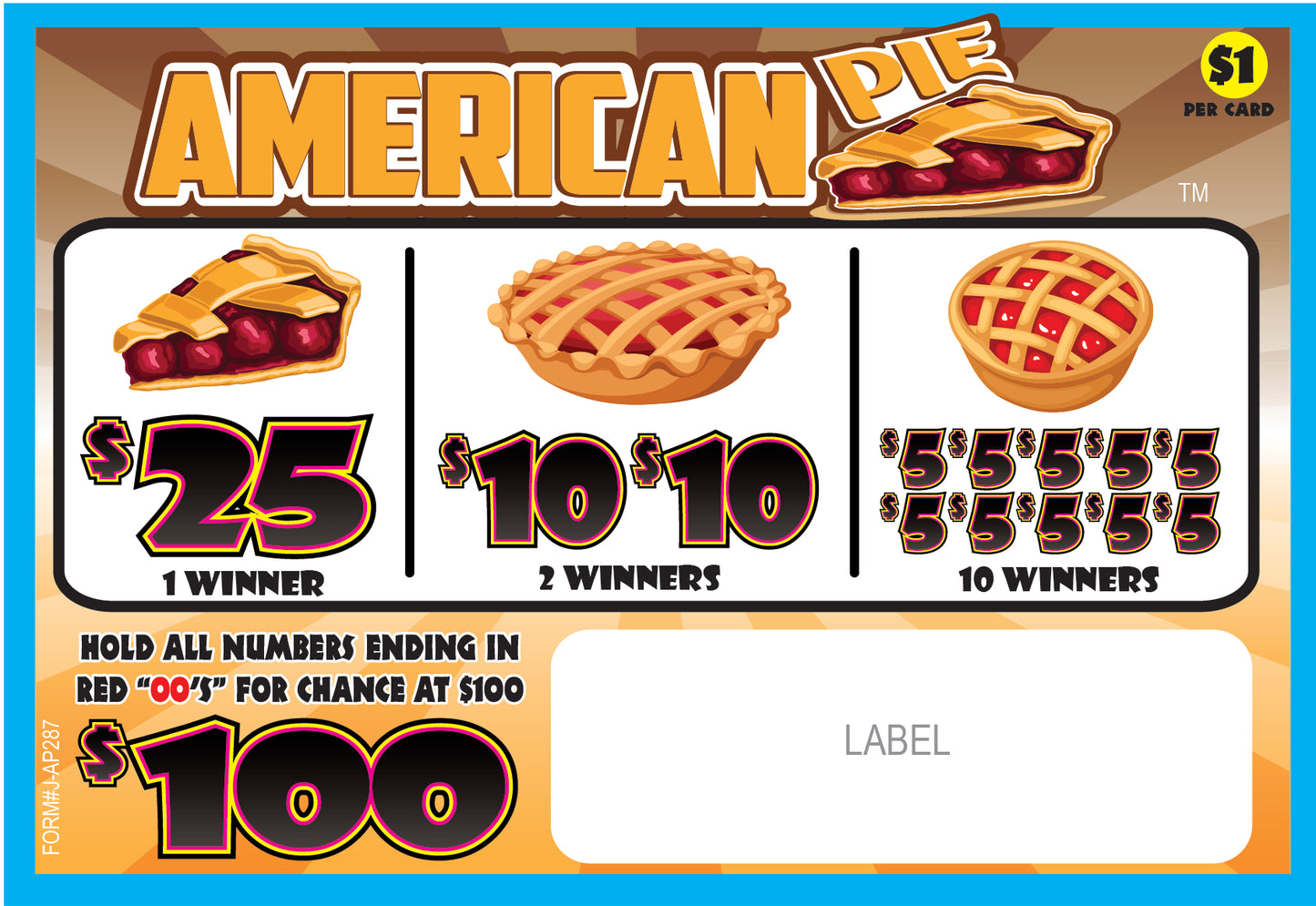 AMERICAN PIE PULL TAB 287 TICKETS