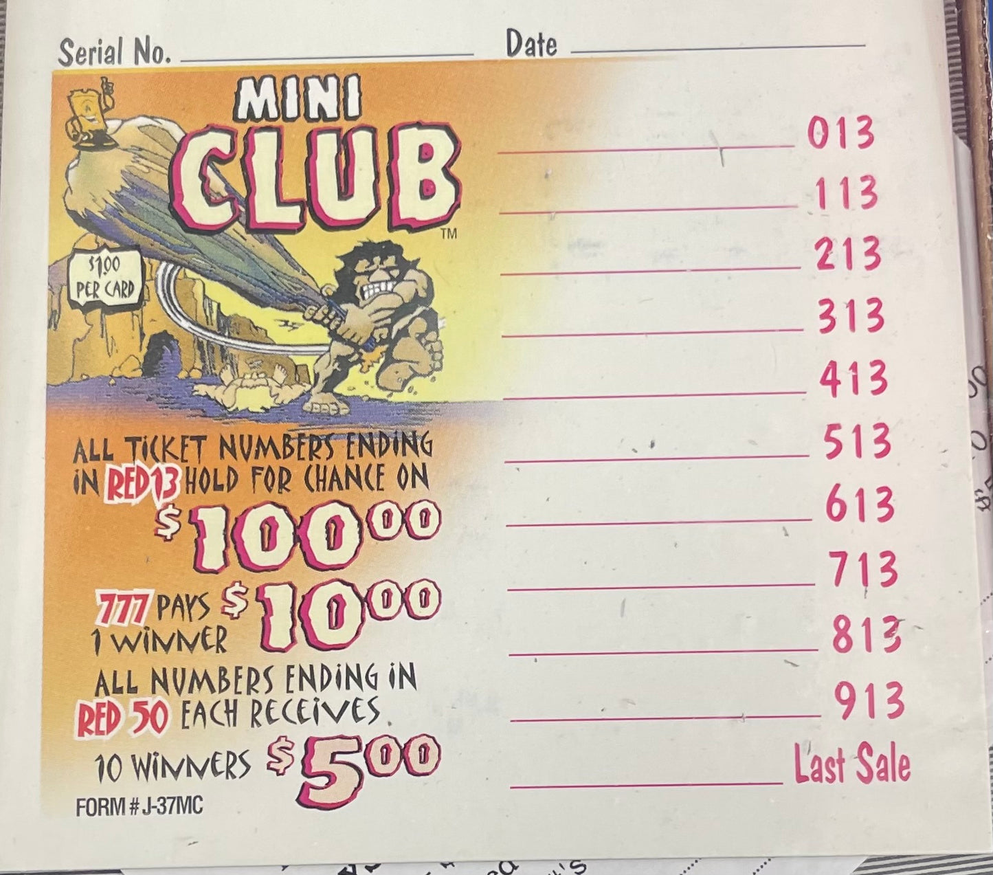 MINI CLUB PULL TAB 216 TICKETS