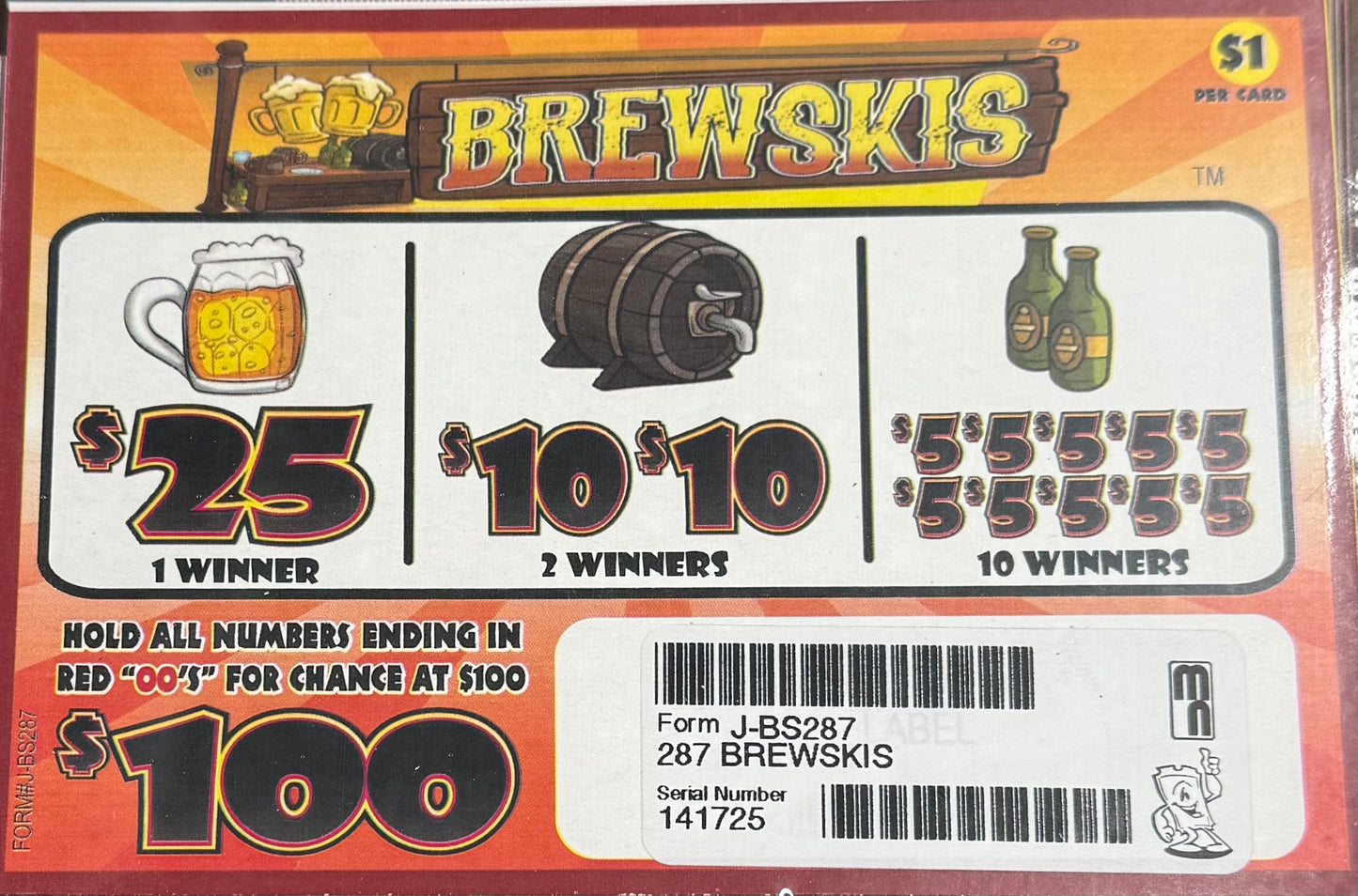 BREWSKIS PULL TAB 287 TICKETS