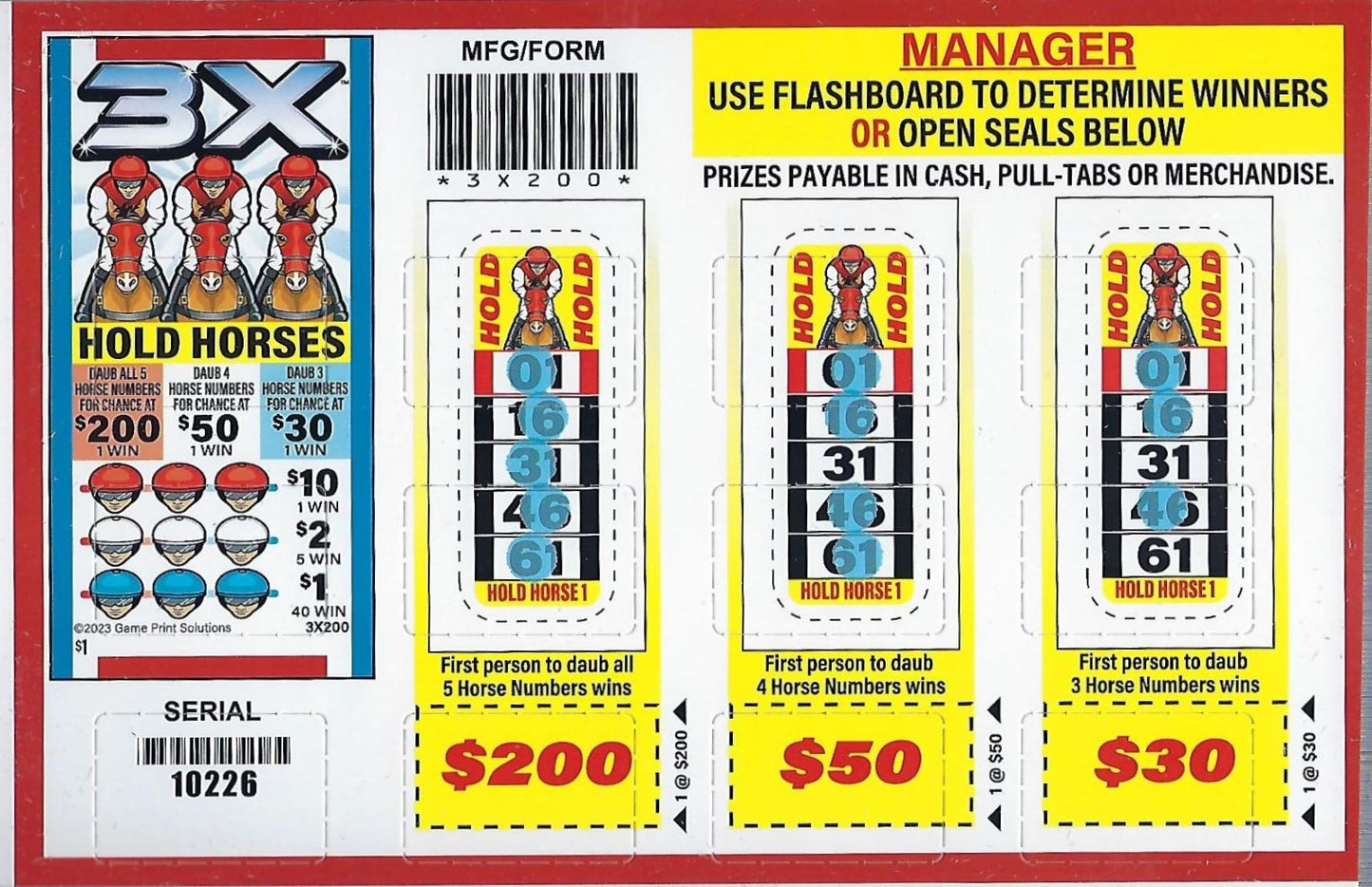3X HOLD HORSES PULL TAB 595 TICKETS