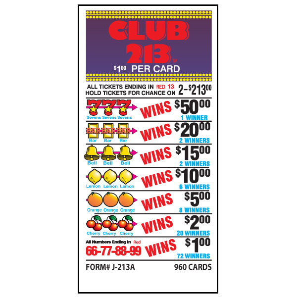 CLUB TWIN 213 PULL TAB, 960 TICKETS