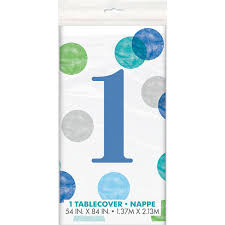 Blue 1st Birthday Polka Dots Plastic Rectangular Tablecover