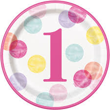 Pink 1st Birthday Polka Dots 9" Paper Plates - 8ct.