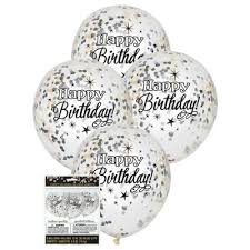 Clear 12" Happy Birthday Balloons with Black/Silver/Gold Confetti - 6ct.