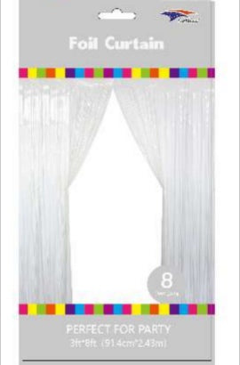 WHITE METALLIC FRINGE BACKDROP CURTAIN
