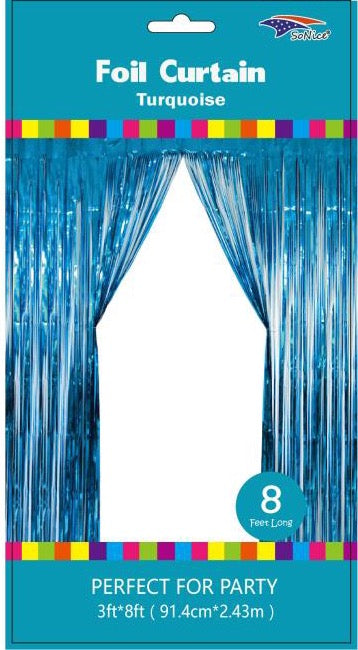 TURQUOISE METALLIC FRINGE BACKDROP CURTAIN