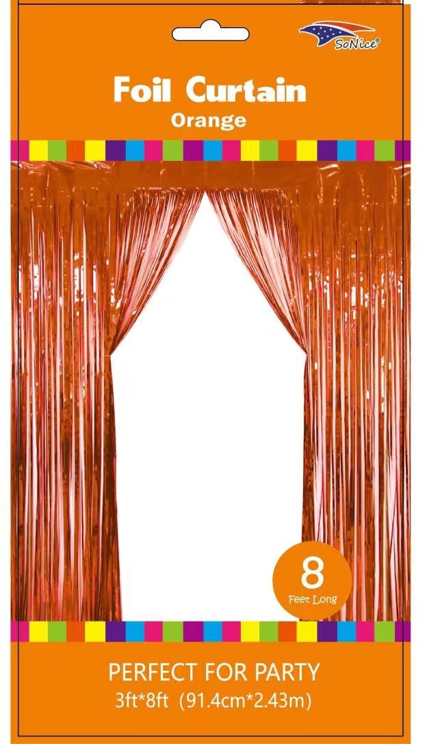 ORANGE METALLIC FRINGE BACKDROP CURTAIN