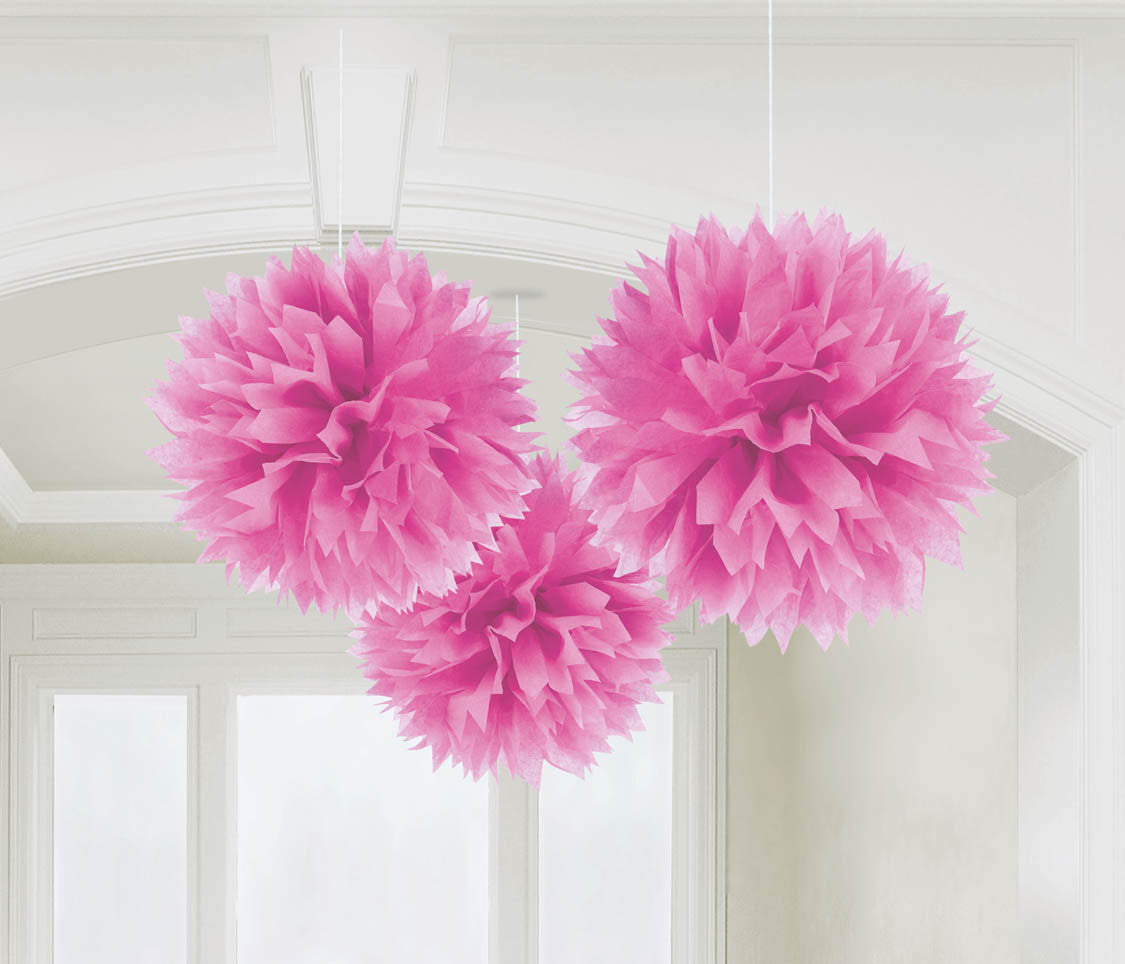 FLUFFY DECOR BALLS 16" 3 CT/PKG HOT PINK