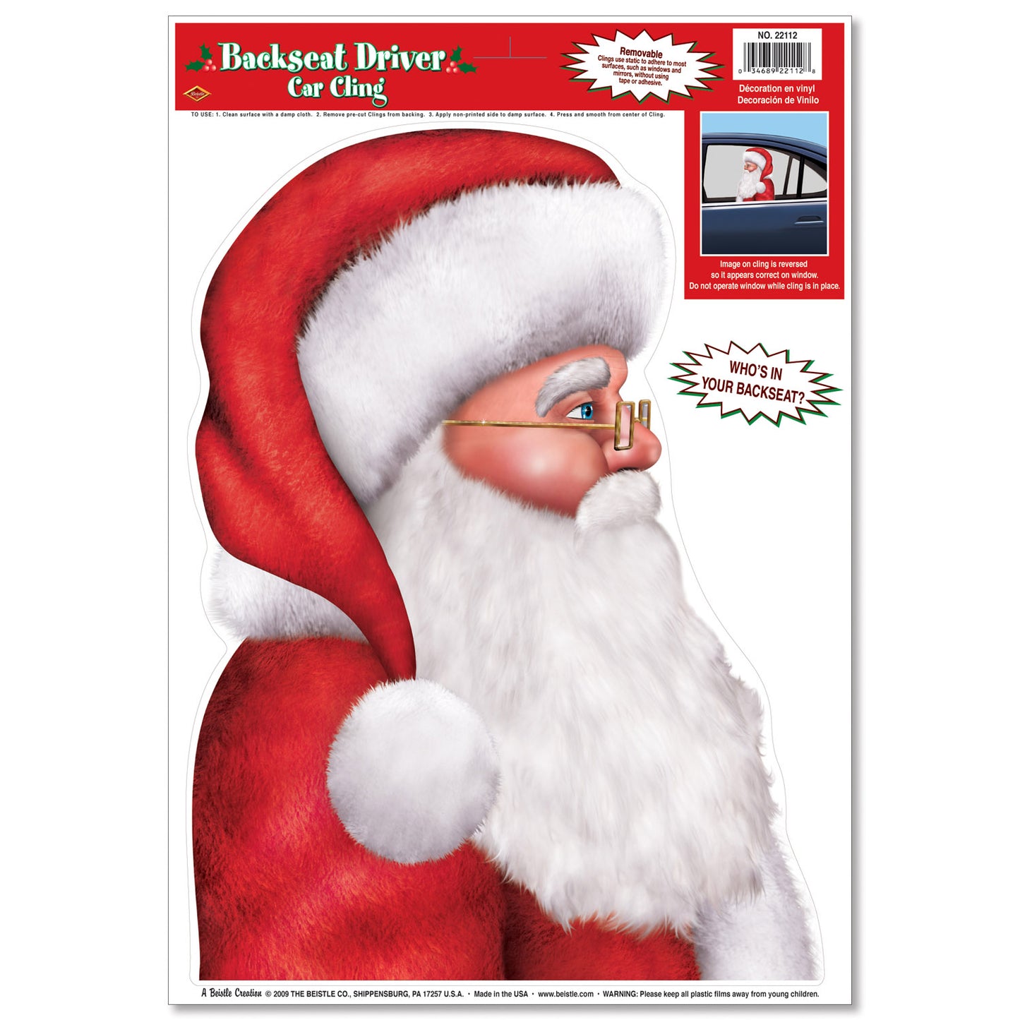 BACKSEAT SANTA DRIVER CAR CLING EACH