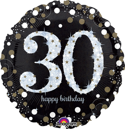 30TH BIRTHDAY 18" MYLAR BALLOON BLACK, SILVER, WHITE AND GOLD