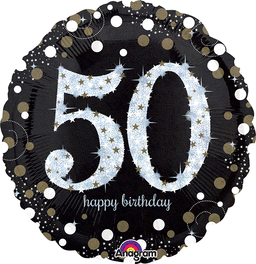 50TH BIRTHDAY 18" MYLAR BALLOON BLACK, SILVER, WHITE AND GOLD