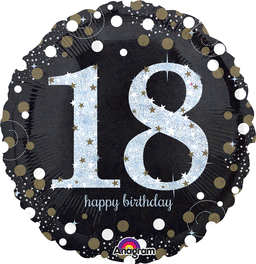 18TH BIRTHDAY 18" MYLAR BALLOON BLACK, SILVER, WHITE AND GOLD