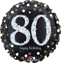 80TH BIRTHDAY 18" MYLAR BALLOON BLACK, SILVER, WHITE AND GOLD