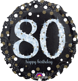 80TH BIRTHDAY 18" MYLAR BALLOON   BLACK, SILVER, WHITE AND GOLD
