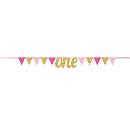 PINK GLITTER ONE BIRTHDAY BANNER WITH PENNANTS 9FT