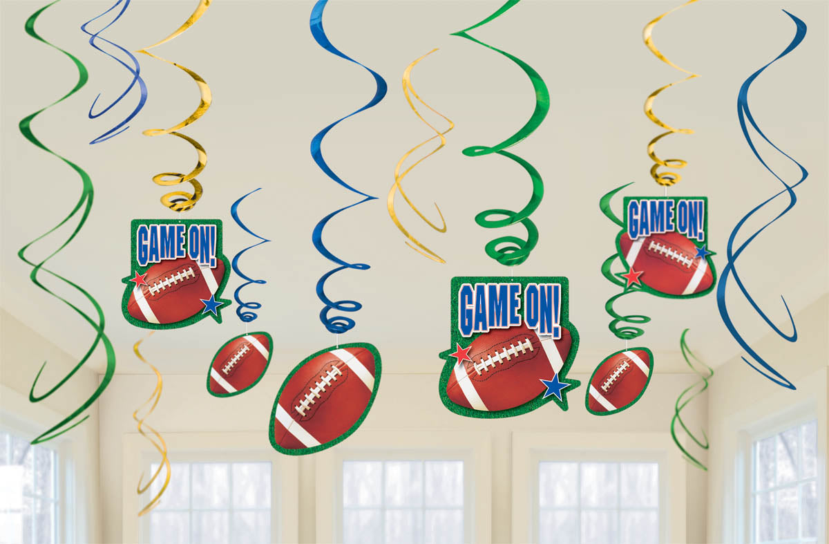 FOOTBALL SWIRL DECORATIONS 12 PACK