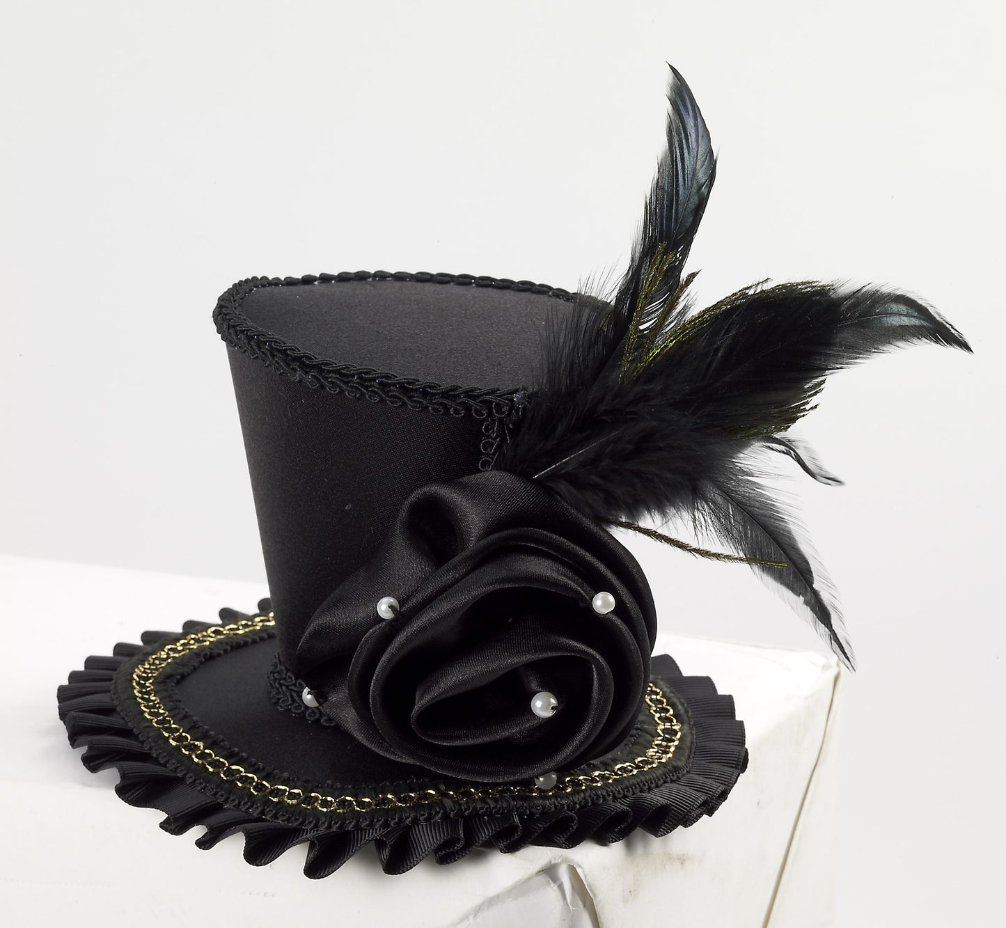 MINI TOP HAT W/ ROSE BLACK W/ 2 HAIR CLIPS