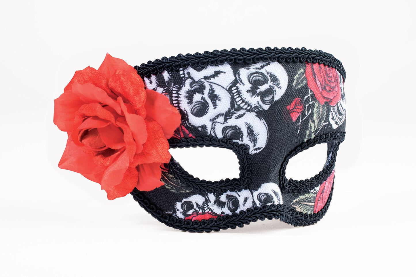 DAY OF DEAD FEMALE MASK W/RED FLOWER EACH