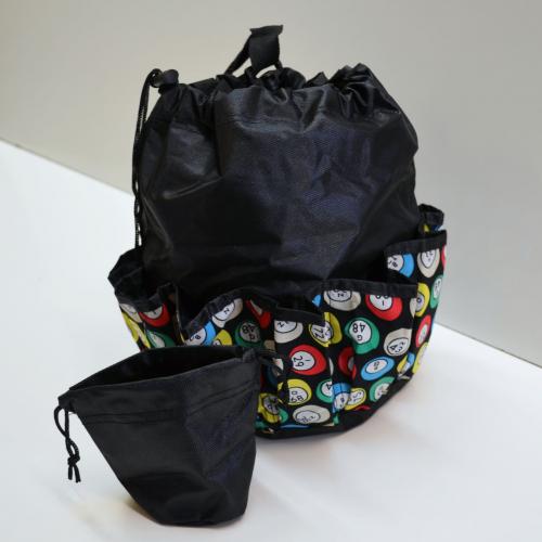 DRAWSTRING LUCKY BINGO PRINT BAG W/ 10 POCKETS BLACK