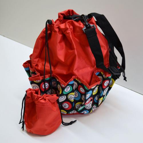 DRAWSTRING LUCKY BINGO PRINT BAG W/ 10 POCKETS RED