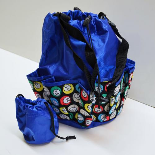 DRAWSTRING LUCKY BINGO PRINT BAG W/ 10 POCKETS BLUE