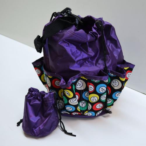 DRAWSTRING LUCKY BINGO PRINT BAG W/ 10 POCKETS PURPLE