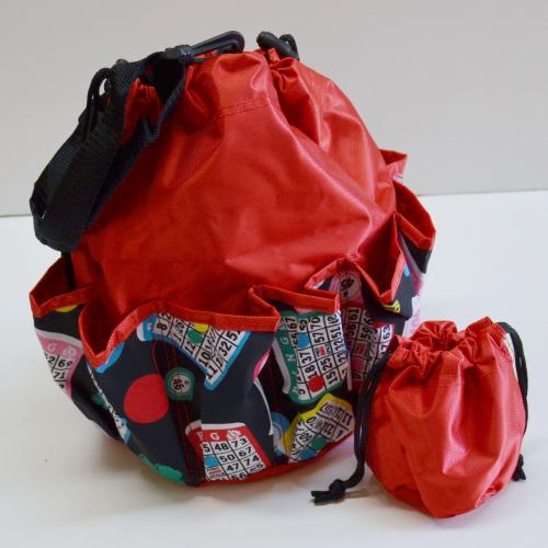 DRAWSTRING LUCKY BINGO PRINT BAG W/ 10 POCKETS RED