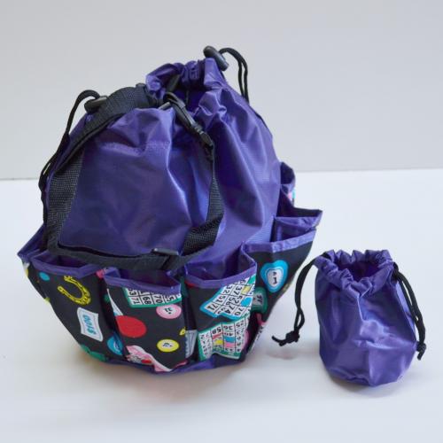 DRAWSTRING LUCKY BINGO PRINT BAG W/ 10 POCKETS PURPLE