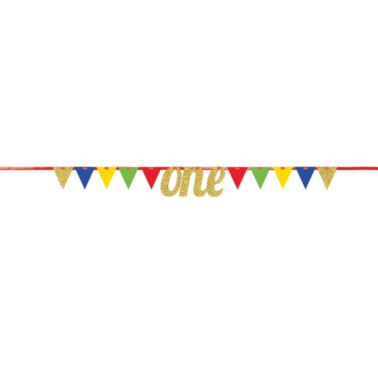 ONE GOLD GLITTER BIRTHDAY BANNER WITH PENNANTS 9'