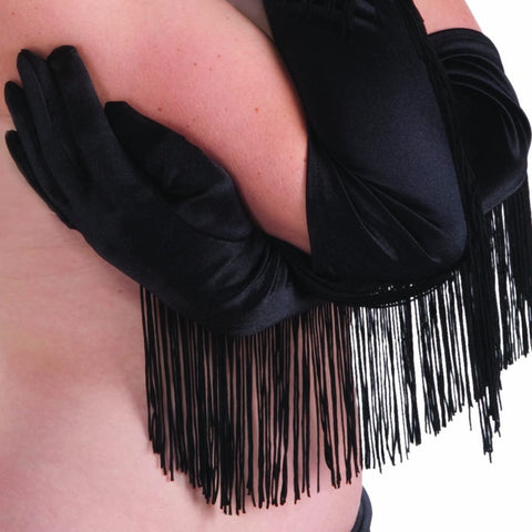 Long Black Satin Fringe Sexy Cowgirl Gloves