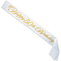 HAPPY 50TH BIRTHDAY GLITTERED SASH - WHITE WITH GOLD LETTERING