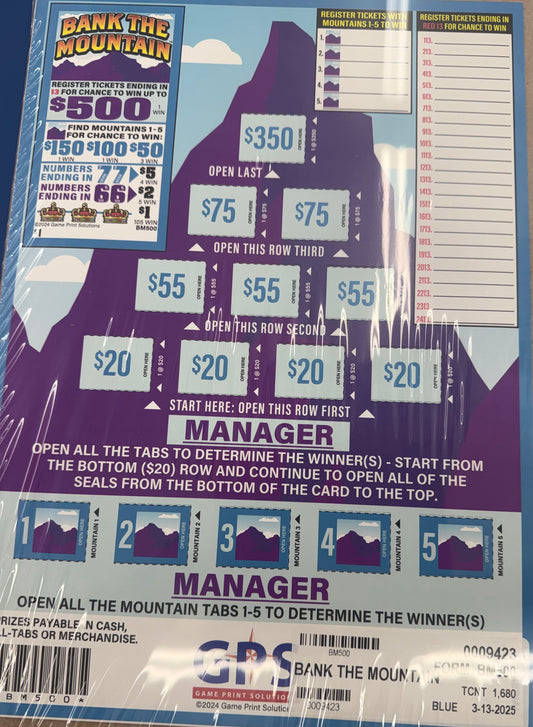 BANK THE MOUNTAIN PULL TAB 1,680 TICKETS