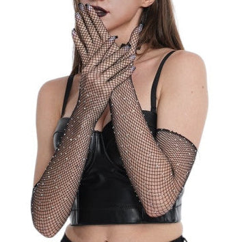 Black Rhinestone Fishnet Gloves
