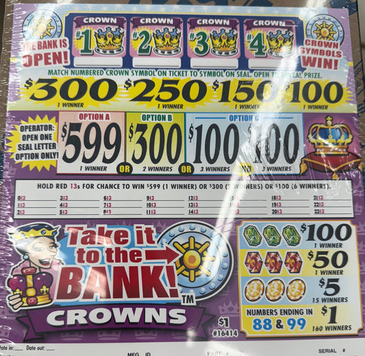 TAKE IT TO THE BANK CROWNS $1 PULL TAB 2370 TICKETS