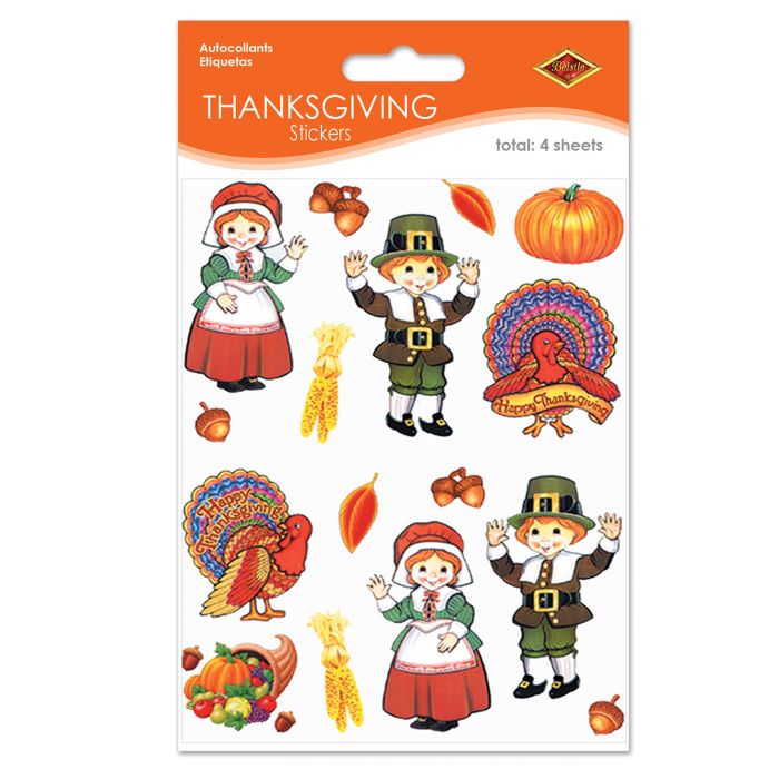 Thanksgiving Pilgrim & Turkey Stickers - Size: 4¾" x 7½" Sheet
