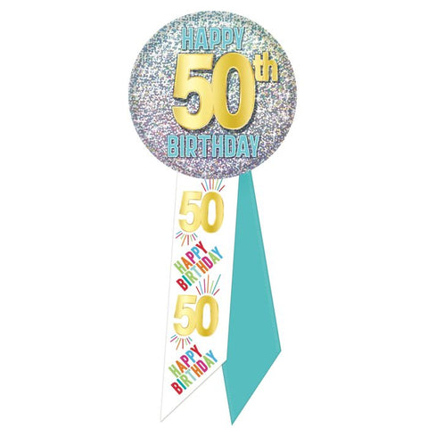 50th Birthday Button With Ribbon