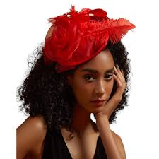 Red Floral Fascinator w/Feathers