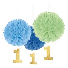Blue 1st Birthday Fluffy Decorations - 3pcs.