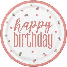 Glitz Rose Gold 9" Happy Birthday Paper Plates - 8ct.