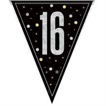 Black And Silver 16th Birthday Mylar Pennant Banner