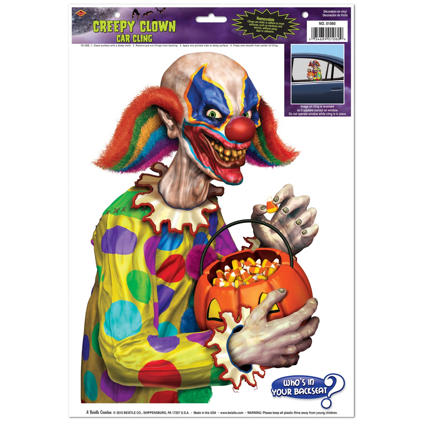 CREEPY CLOWN CAR CLING 1 SHEET