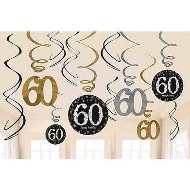 60TH BIRTHDAY SWIRL DECORATIONS - BLACK, SILVER, WHITE & GOLD