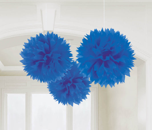 FLUFFY DECOR BALLS 16"   3 CT/PKG ROYAL BLUE