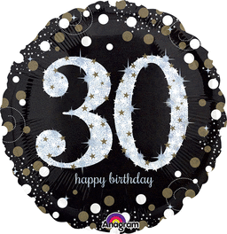 30TH BIRTHDAY 18" MYLAR BALLOON   BLACK, SILVER, WHITE AND GOLD