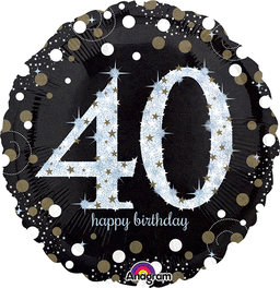 40TH BIRTHDAY 18" MYLAR BALLOON   BLACK, SILVER, WHITE AND GOLD